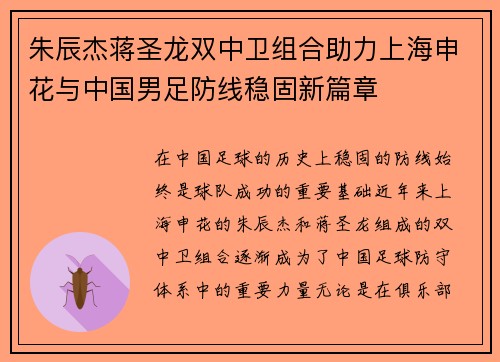 朱辰杰蒋圣龙双中卫组合助力上海申花与中国男足防线稳固新篇章